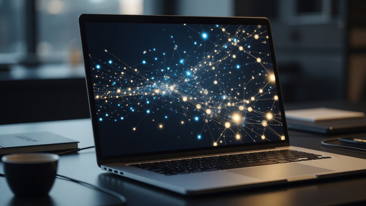 Laptop on a desk showing a network of connected nodes, illustrating Web3 and digital mining.